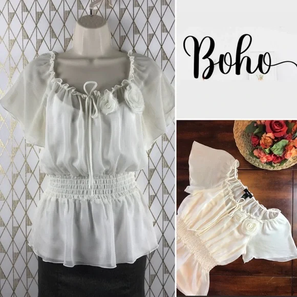 Flutter Sleeve Sheer Chic Cream Blouse Top - Picture 16 of 16